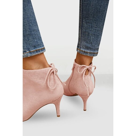Women's Pointed Toe Heel Ankle Booties Kitten Stiletto Bowtie Strappy Boot Pink - Picture 3 of 6